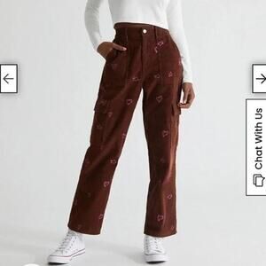 Pacsun Pants brown corduroy cargo small‎ pink heart embroidery